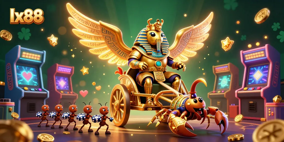 Experience the excitement at lx88 as the golden scarab beetle rides in a dynamic casino scene full of games.