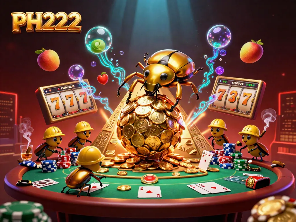 Experience thrilling slot action with PH222, featuring a golden dung beetle and casino elements.