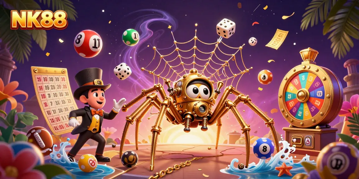 Experience vibrant gambling thrills at NK88 with dynamic lottery balls and a unique spider web.