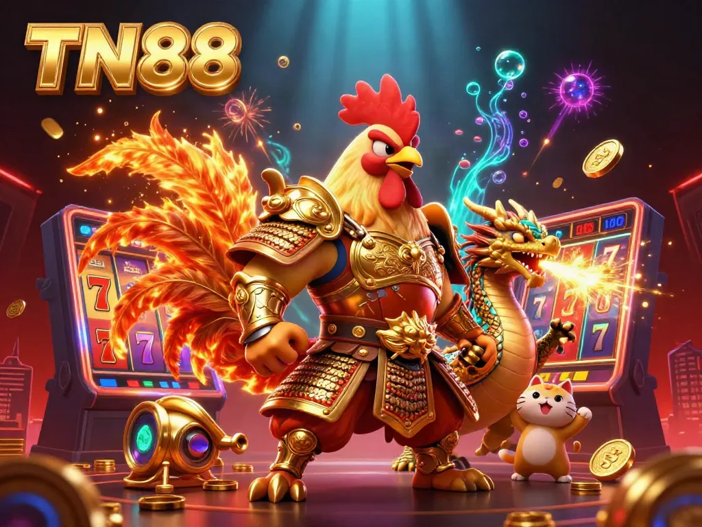 Engaging TN88 casino scene featuring a warrior rooster, dragon hatchling, and fortune cat surrounded by slot machine elements.