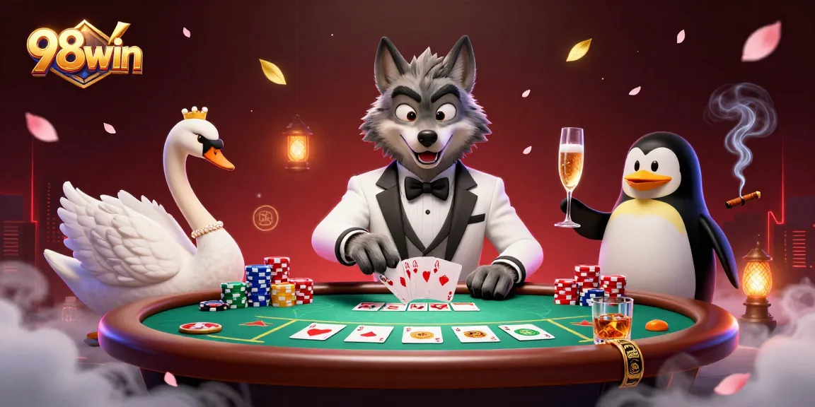 Experience 98win casino excitement with a charming wolf, elegant swan, and classy penguin at an action-packed baccarat table.