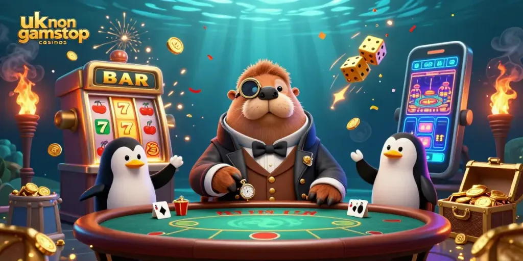 Win big at uk non gamstop casinos with a vibrant underwater poker scene featuring playful characters.