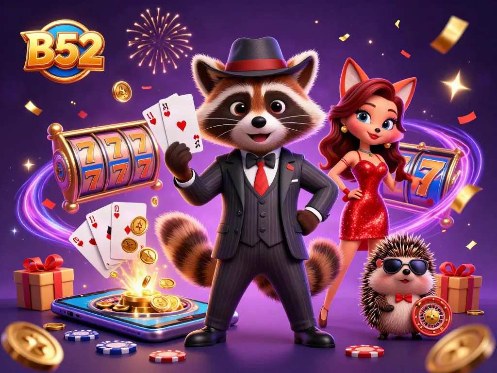 Join the charming raccoon in a B52 game of slots featuring festive casino elements and excitement.