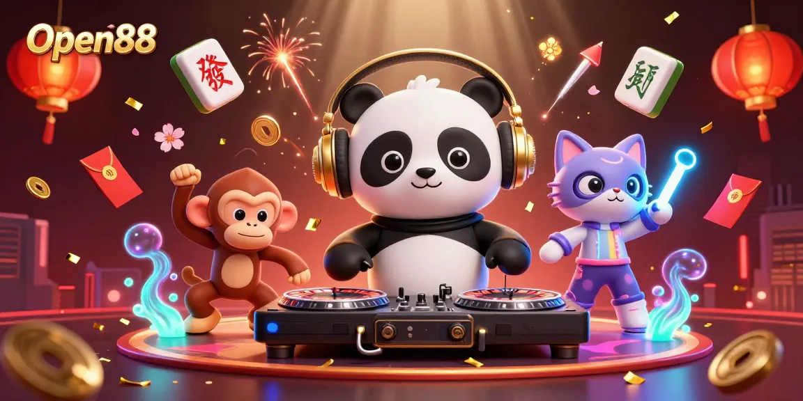Open88's vibrant casino scene shows a DJ panda with playful elements, promoting dynamic gaming.