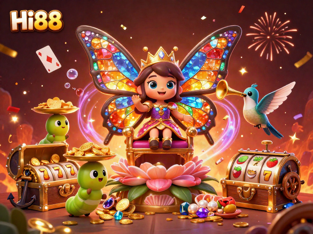 Experience the vibrant world of Hi88 with a butterfly queen amidst casino treasures and dynamic game elements.