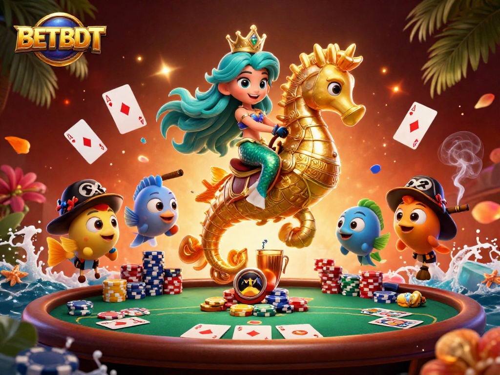 Experience the vibrant world of BETBDT with a mermaid riding a seahorse amidst poker elements.