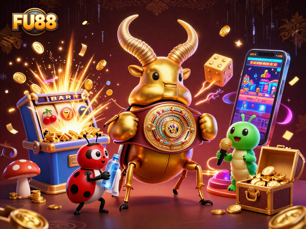 Experience thrilling jackpots at FU88 with vibrant gaming elements exploding around cartoon characters.