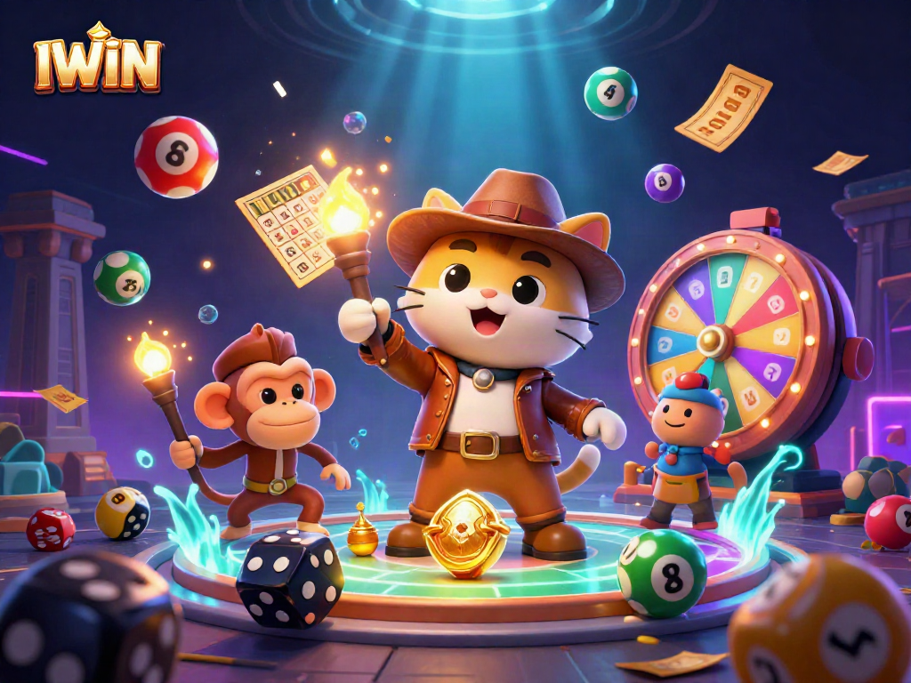 Engage with the IWIN universe through a vibrant 3D illustration of a cartoon cat archaeologist discovering casino treasures.
