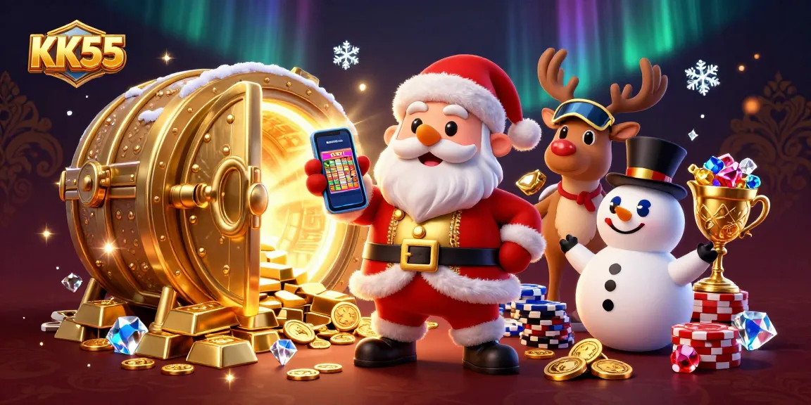 Experience KK55's jackpot excitement with Santa and friends amid glitzy casino riches!