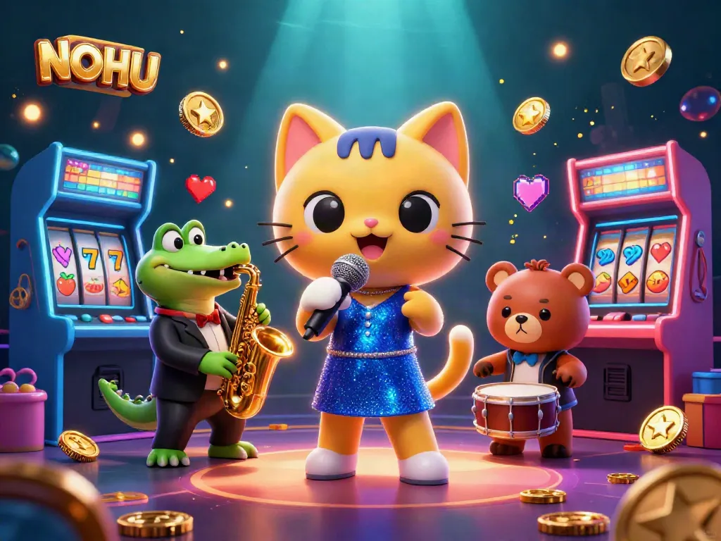 Experience thrilling gaming action at NOHU with charming characters amidst vibrant casino elements.