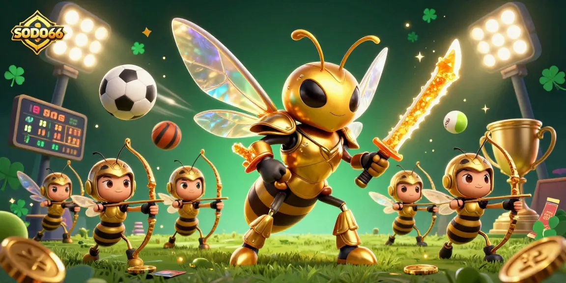 SODO66 engages players with a thrilling 3D illustration of a golden hornet warrior and bee archers in a vibrant casino atmosphere.