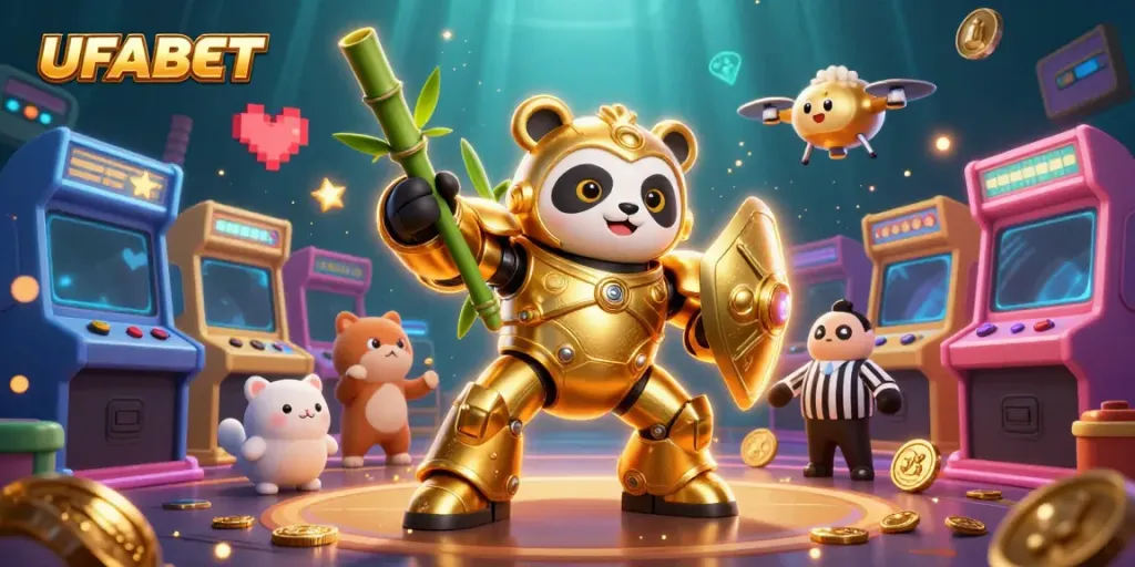 Engage with UFABET's gaming world featuring a golden panda mech in a vibrant casino arena.
