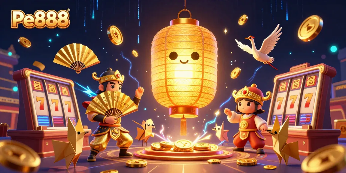 Experience thrilling Pe888 slot action with giant lantern spirit, warriors, and dynamic casino elements.