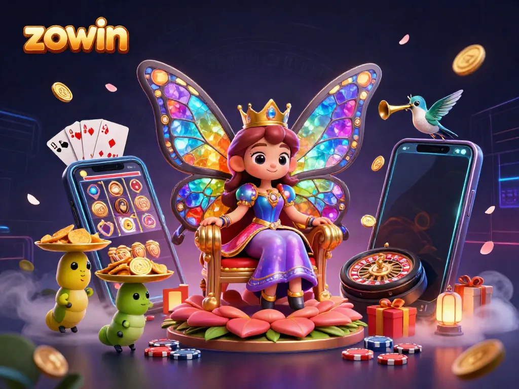 Zowin features a vibrant 3D scene with a butterfly queen and gaming elements, creating an engaging online casino atmosphere.