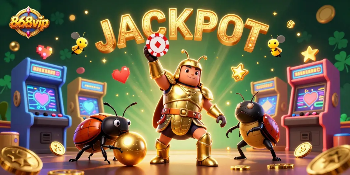 Experience big wins at 868vip with a lively scene of jackpot excitement featuring a victorious beetle and gaming elements.