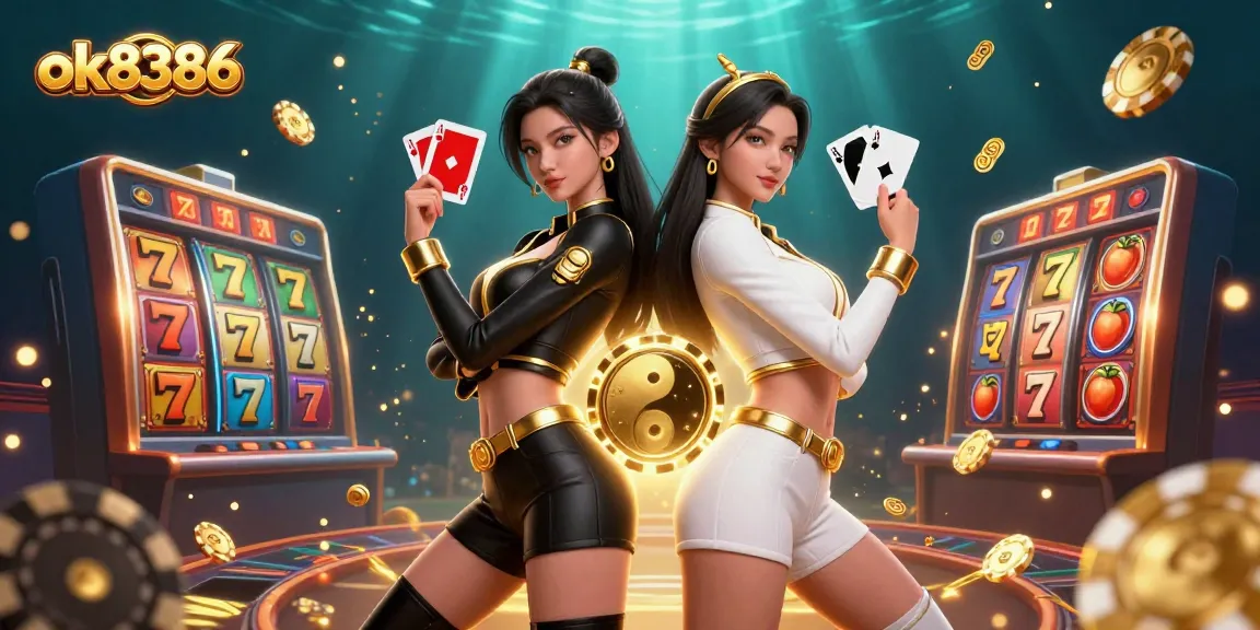 Experience thrilling action with ok8386 as twin Asian women hold cards amid dynamic slot game elements.
