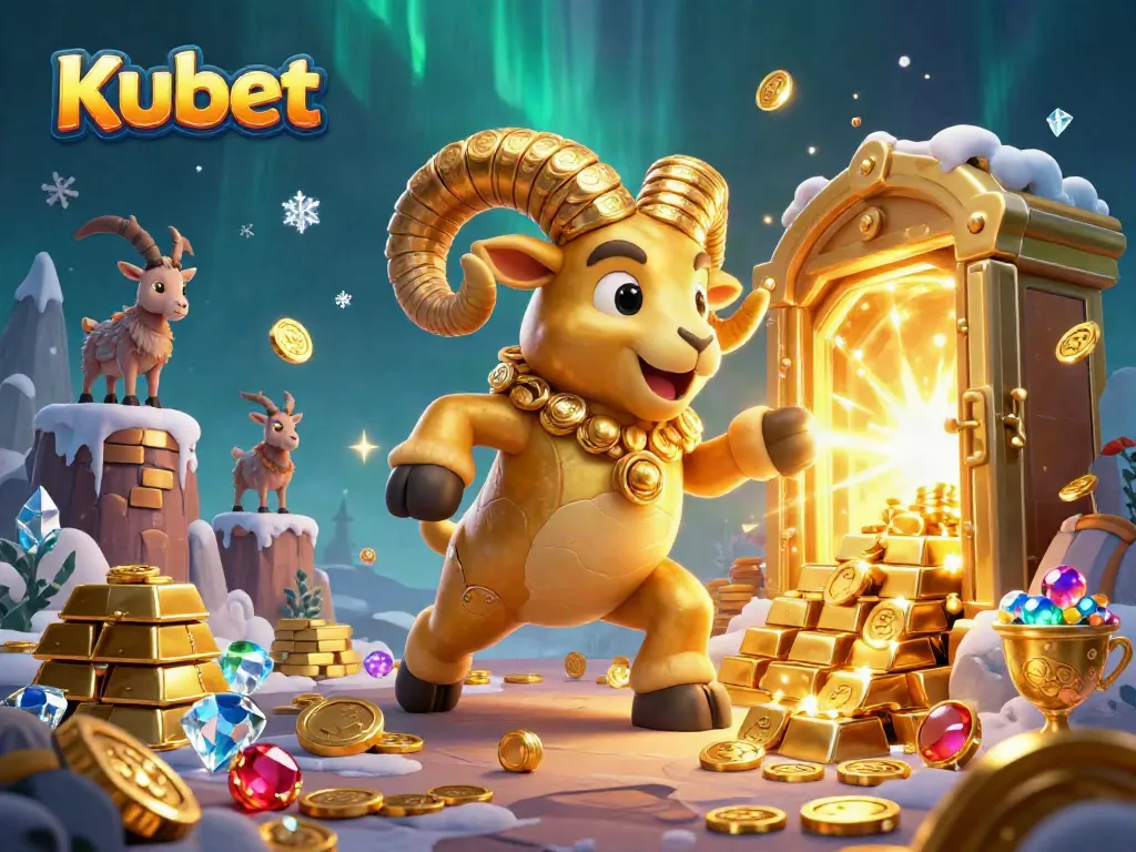 Kubet offers a dynamic 3D illustration of a golden ram charging through a treasure vault filled with riches.
