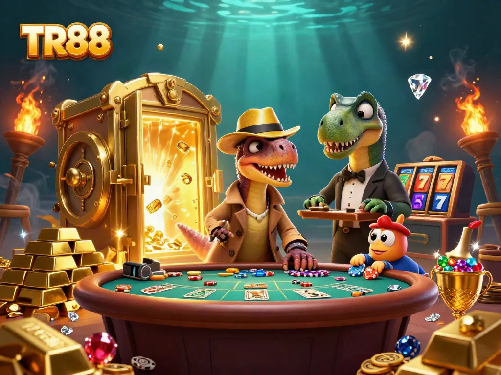 Experience TR88 at a vibrant blackjack scene featuring playful dinosaurs and thrilling casino elements.