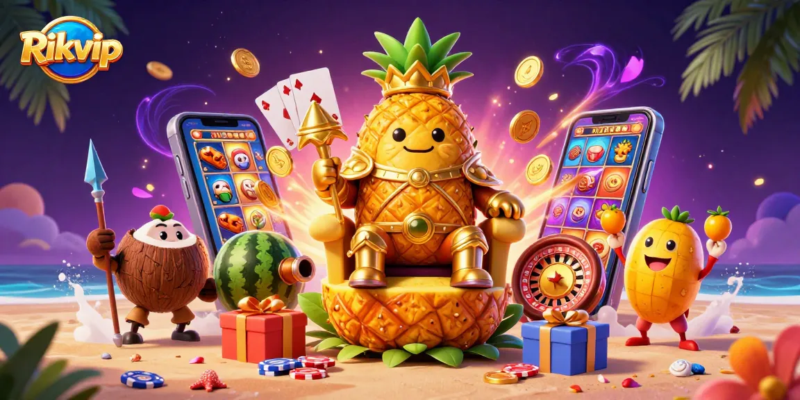 Engage in thrilling games at Rikvip with vibrant characters and casino elements in a colorful scene.