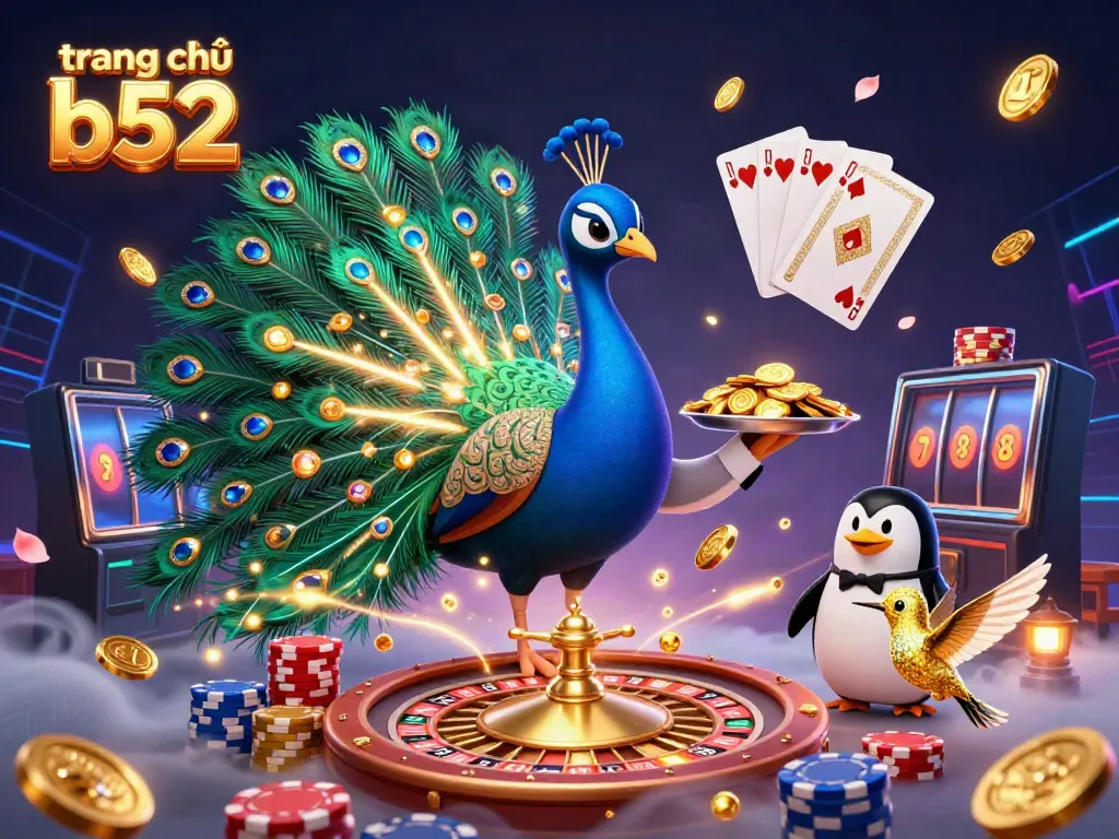 Experience the fun at trang chủ b52 with this dynamic casino illustration featuring vibrant characters and games.