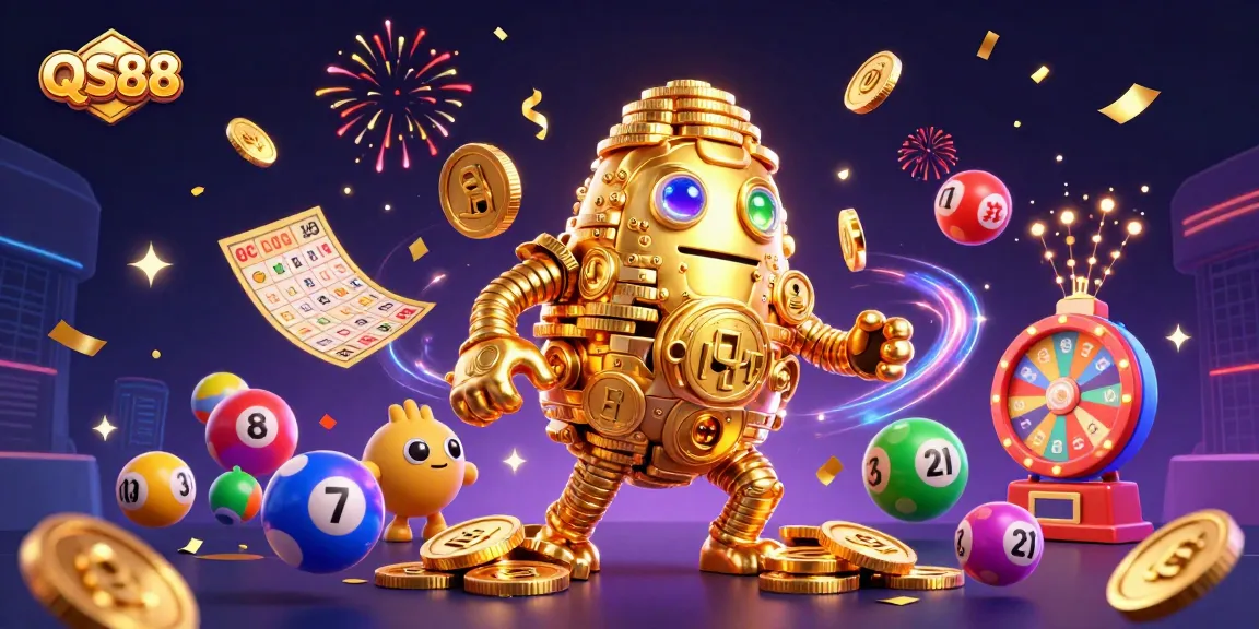 Play exciting games at QS88, surrounded by vibrant lottery elements, slot machine symbols, and festive confetti.