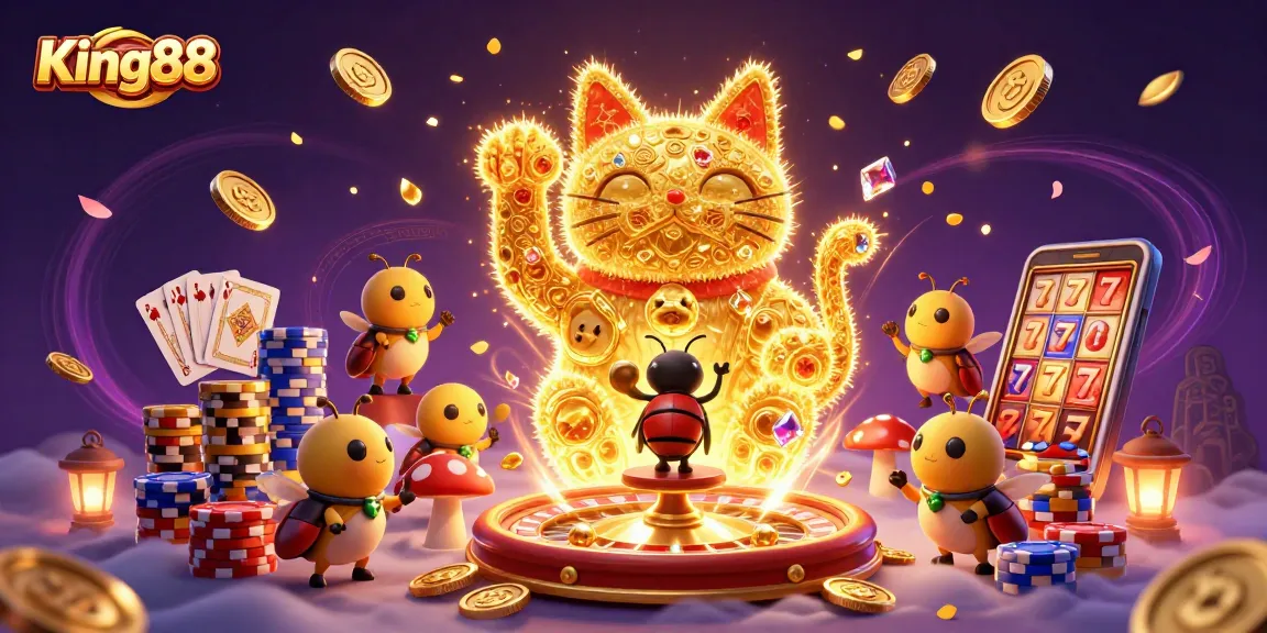 Experience King88's magic with a stunning display of casino elements in a vibrant 3D scene.