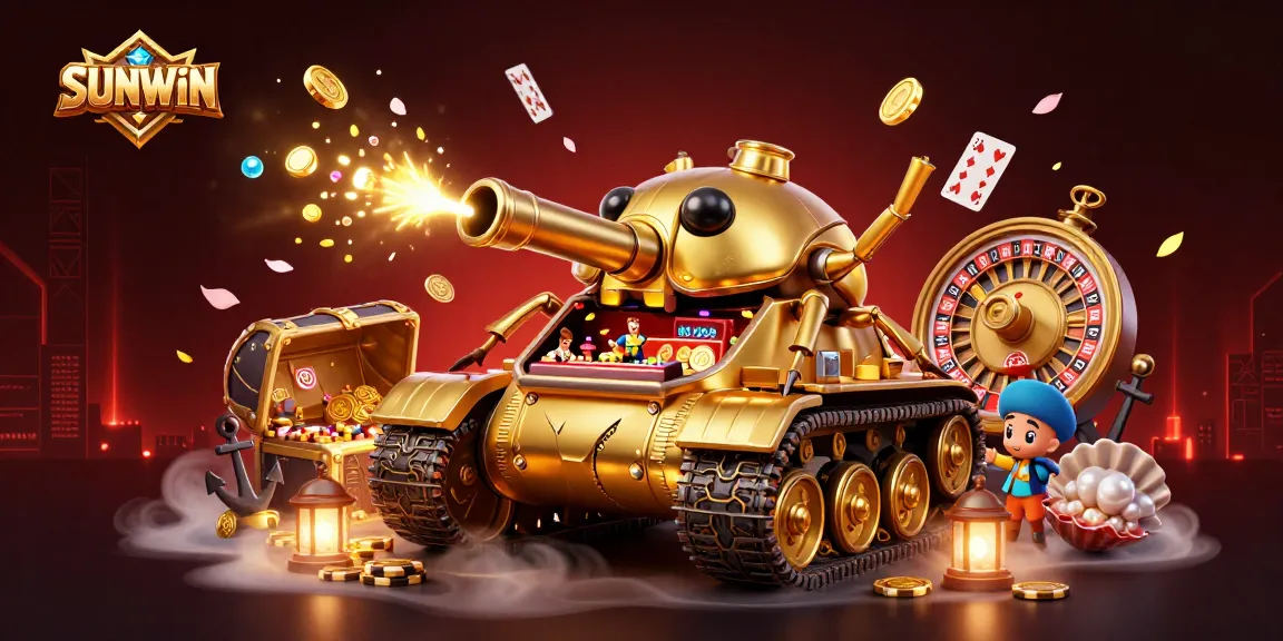 SUNWIN players enjoying vibrant casino action inside a unique golden beetle tank, surrounded by gems and floating playing cards.