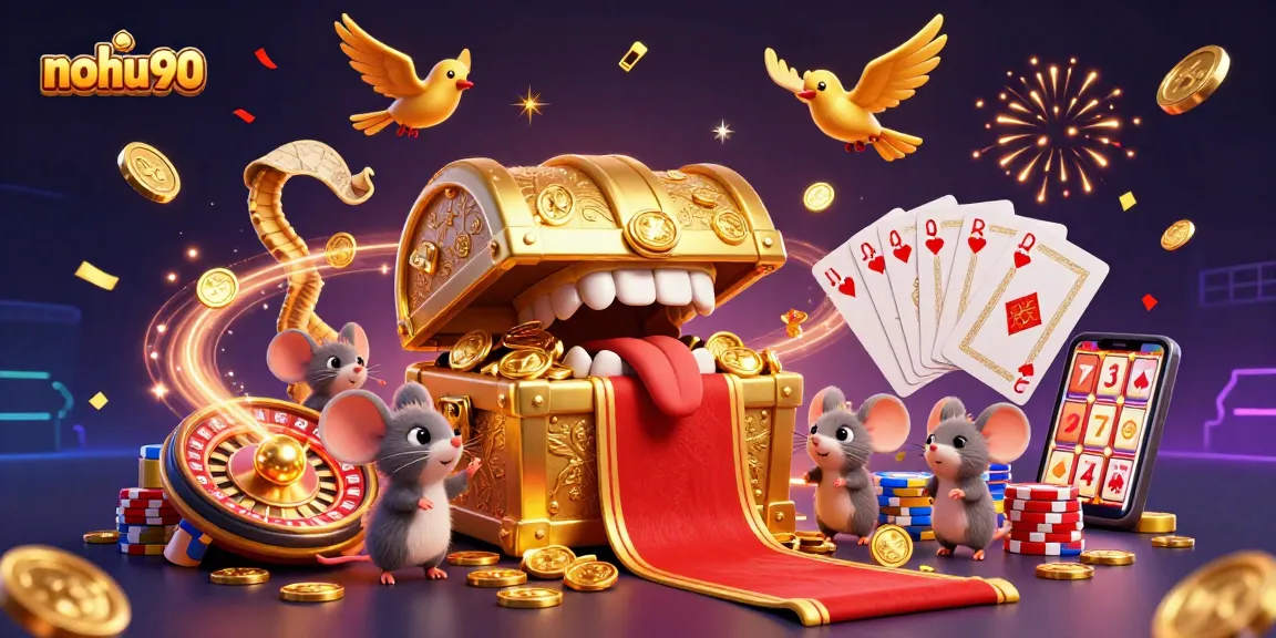 Experience thrilling wins with nohu90 in this vibrant, detailed casino illustration showcasing a golden treasure chest and dynamic gaming elements.