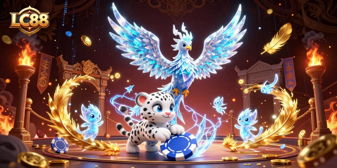 LC88 players strategizing in an ice-themed casino surrounded by glowing sprites and poker chips.