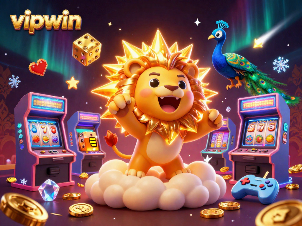 Experience the excitement of vipwin with a vibrant 3D casino illustration showcasing thrilling slot games and dynamic characters.