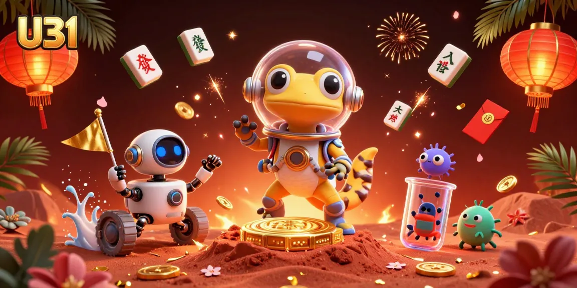 U31 Martian gecko explores a golden casino with vibrant floating symbols and festive elements.