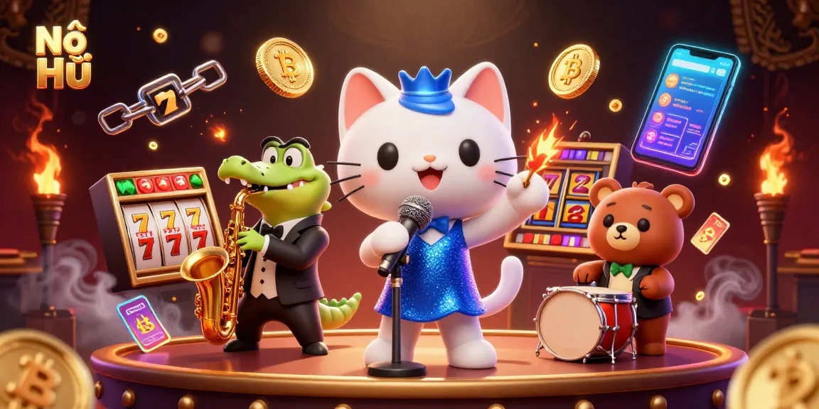 Nổ Hũ brings the excitement to life, showcasing a lively casino scene filled with vibrant characters and glowing game elements.