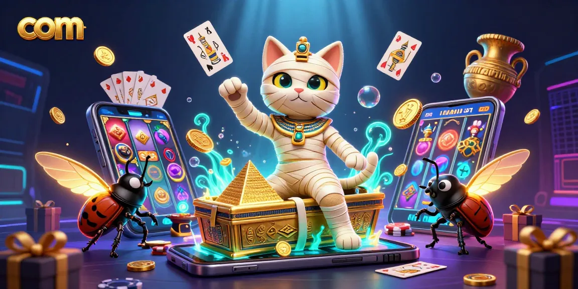 Experience the thrill of com with a vibrant 3D casino scene featuring a mummy cat and a scarab beetle.