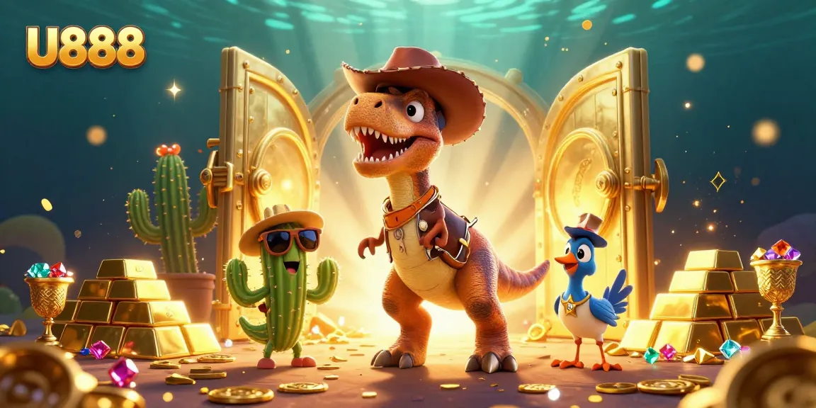 Experience the thrill of U888 in this vibrant 3D casino scene featuring a cowboy dino and treasures.