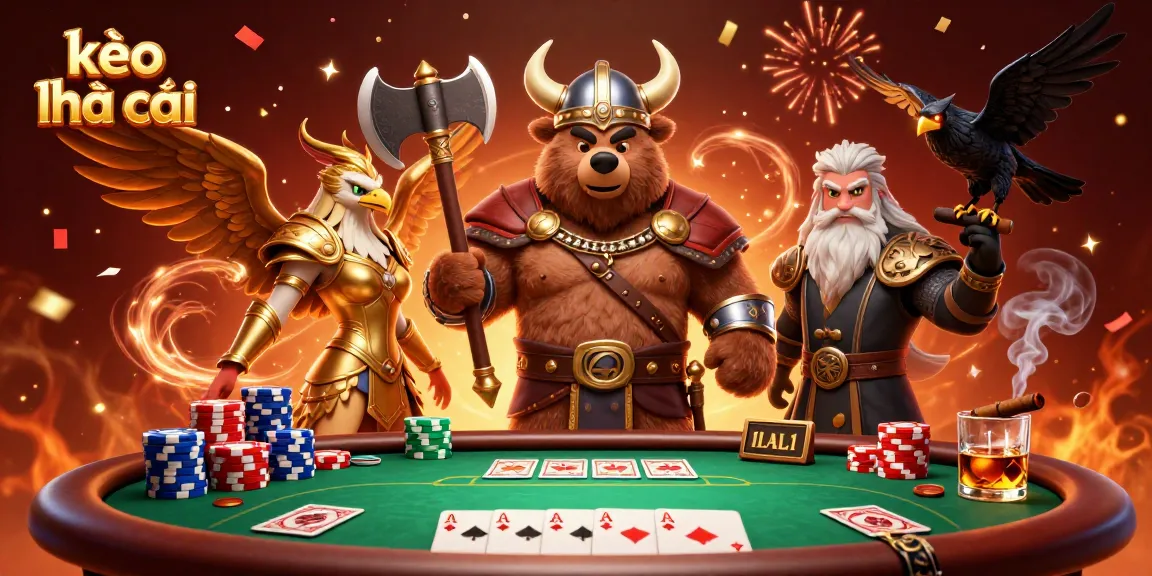 Bet on kèo nhà cái with a Viking berserker and Valkyrie eagle in a dynamic casino scene.