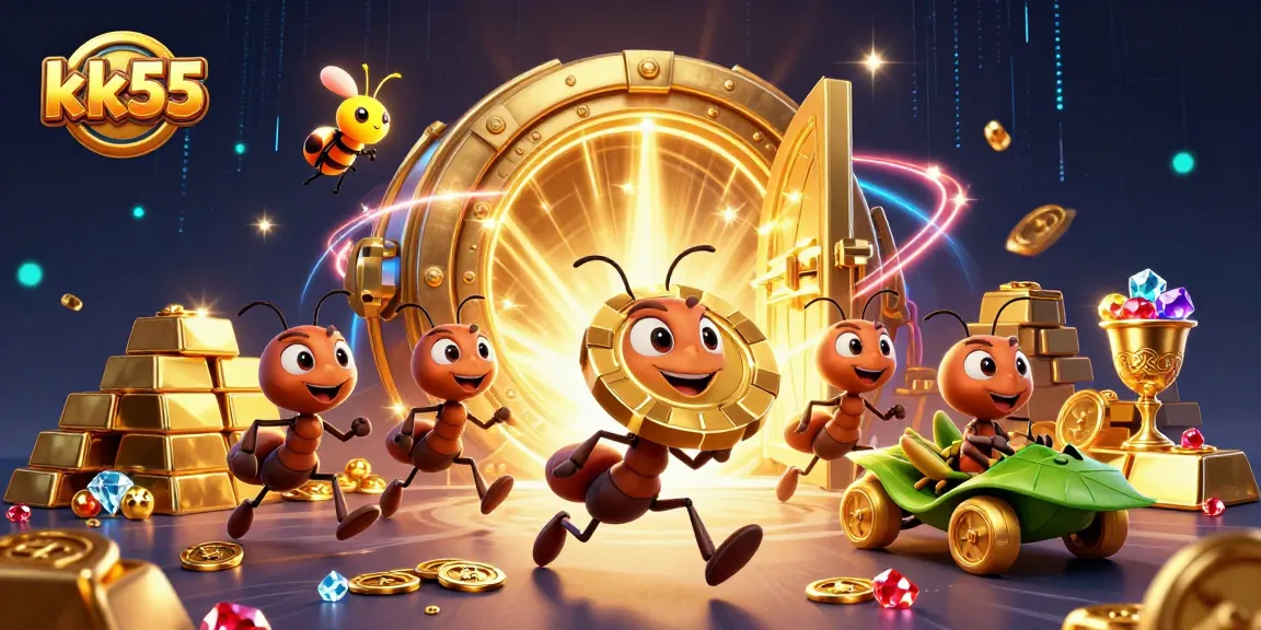 Ants pulling a giant golden poker chip at kk55, surrounded by treasure elements in a vibrant 3D scene.