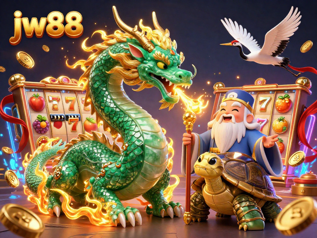 Experience the excitement of jw88 slots with a vibrant jade dragon and lucky cranes.