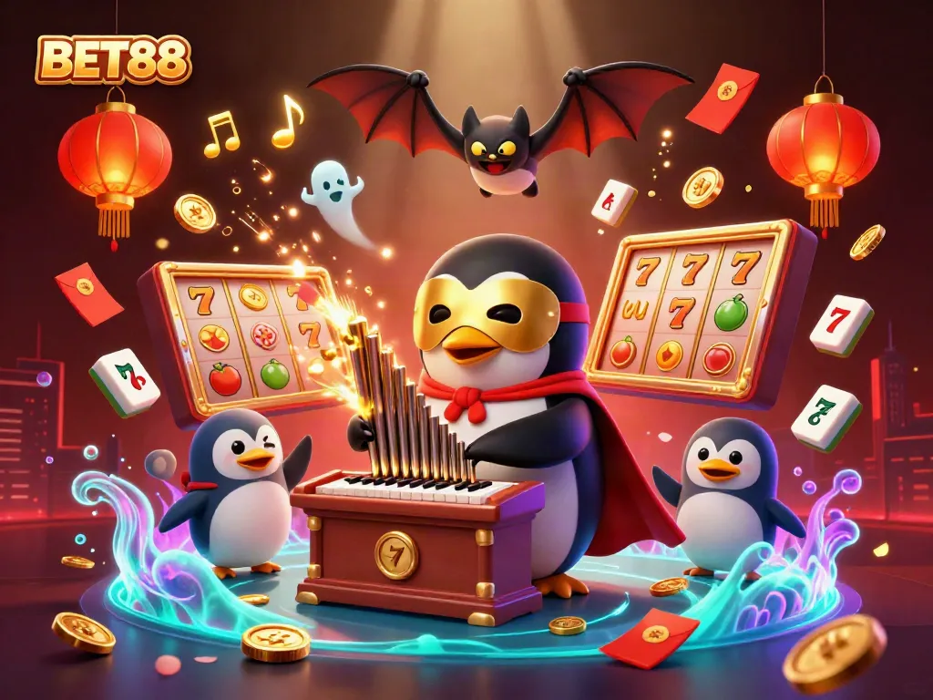 BET88 - Người chơi tham gia cùng chim cánh cụt opera ma và các biểu tượng slot trong sòng bạc.