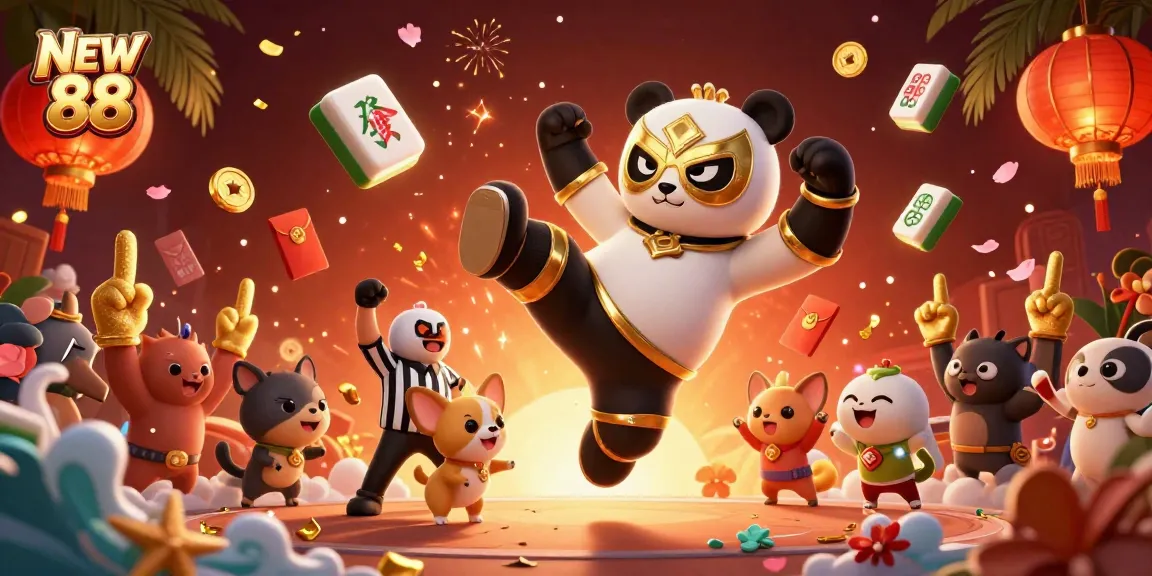 NEW 88 unleashes excitement with a panda wrestler and cheering crowd in a vibrant casino scene.