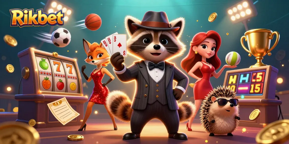 Play slots and win with Rikbet, showcasing a raccoon and fox in a vibrant casino scene.