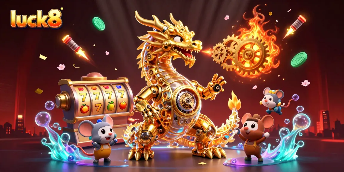 Engage with luck8's vibrant 3D casino world featuring a golden dragon and slot reels.