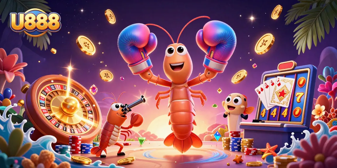 Engaging U888 illustration showcasing vibrant gambling scenes with shrimp characters and casino elements