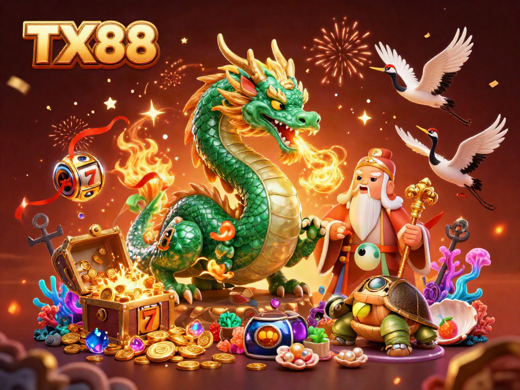 Engage with TX88 for exciting casino wins featuring a mythical dragon and lucky symbols.