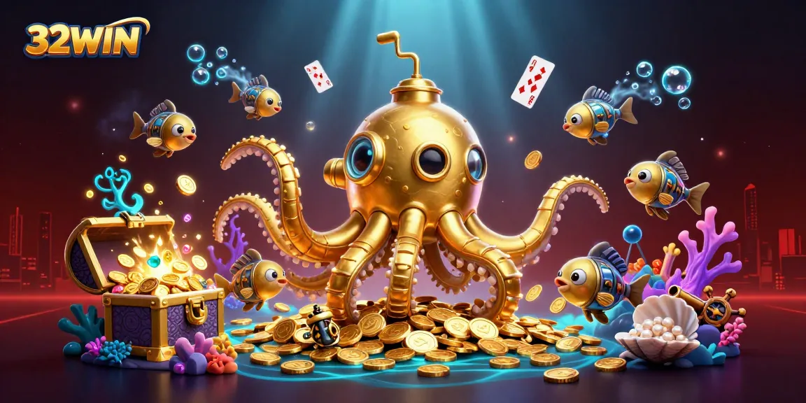 Experience the thrill of 32WIN with a golden kraken submarine among shimmering treasures and casino elements.