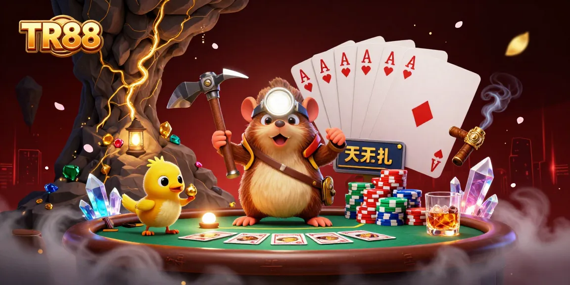 Win big at TR88 with a treasure-hunting mole exploring a casino, rich in poker excitement.