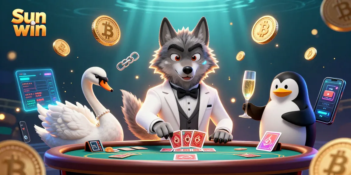 Experience the excitement of Sun win with a debonair wolf, elegant swan, and penguin sommelier in a vibrant casino scene.