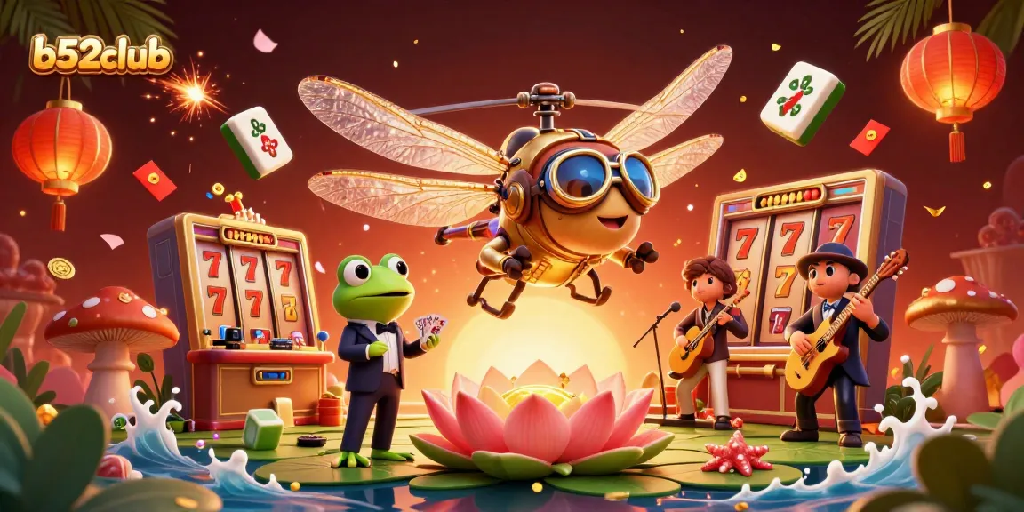 Experience excitement at b52club with a vibrant casino scene featuring a dragonfly pilot and frog croupier.