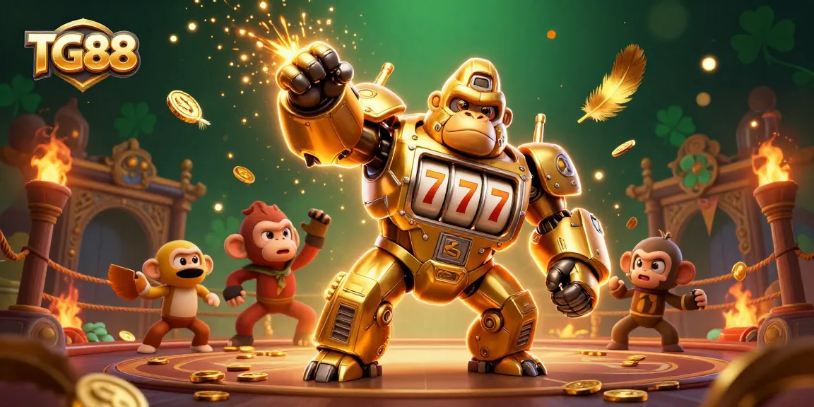 Engage with TG88's vibrant casino scene featuring a golden gorilla mech amidst exploding coins and dynamic game elements.