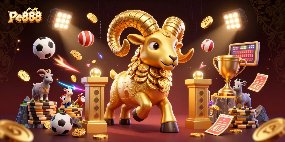 Pe888 offers an engaging gaming experience, featuring a golden ram charging amid dynamic sports elements.