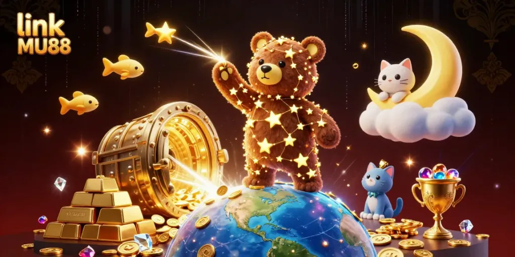 Experience rich rewards with link MU88, highlighted by celestial bear and treasure visuals.
